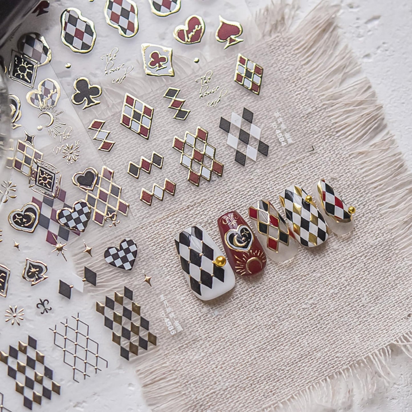 Red Black Nail Art Stickers Decals Poker Nail Stickers with Gold Design Lined Pattern Heart Nails Art Charms Self-Adhesive Star Moon Nails Supplies for Women Girls Manicure Decoration