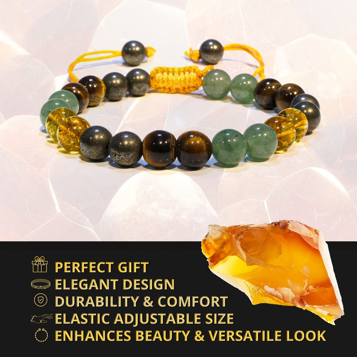 ANAYA AGATE Healing Crystal Bracelet – Chic Gemstone Bracelet for Men and Women – 8mm Round Bead Bracelets for Spiritual Healing, Protection, Positive Energy - Wealth Prosperity