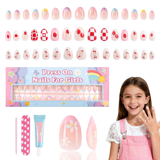 90 Pieces Press on Nails for Kids, Kawyehu 3 Pack Nails for Kids Colorful Press on Nails for Girls 8-12 Years with Glue, Almond Fake Nail Kit for 9 10 11 12 Year Old, Cherry Strawberry