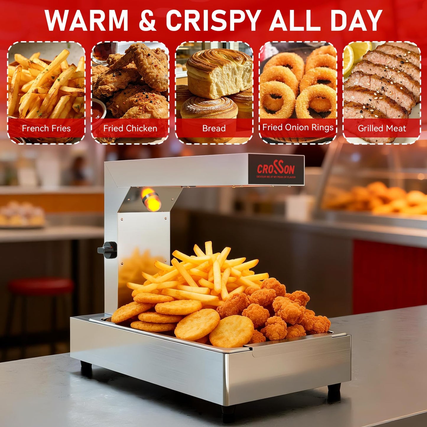 CROSSON French Fry Food Warmer, Commercial French Fry Heat Lamp Electric Stainless Steel Fries Dump Station Countertop 5-Level Adjustable Heating Duration for Food Truck Restaurant Parties 600W