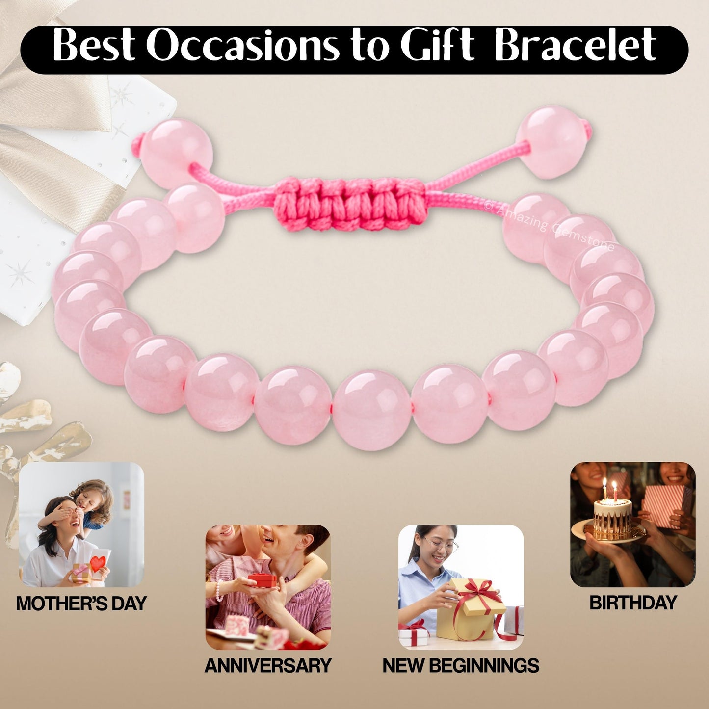 Amazing Gemstone Rose Quartz Bracelet, Gifts For Men & Women - Protection Healing Crystal Bracelet - 8mm Gemstone Beaded Adjustable Bracelet, Pulseras Para Hombres Mujer Stocking Stuffers