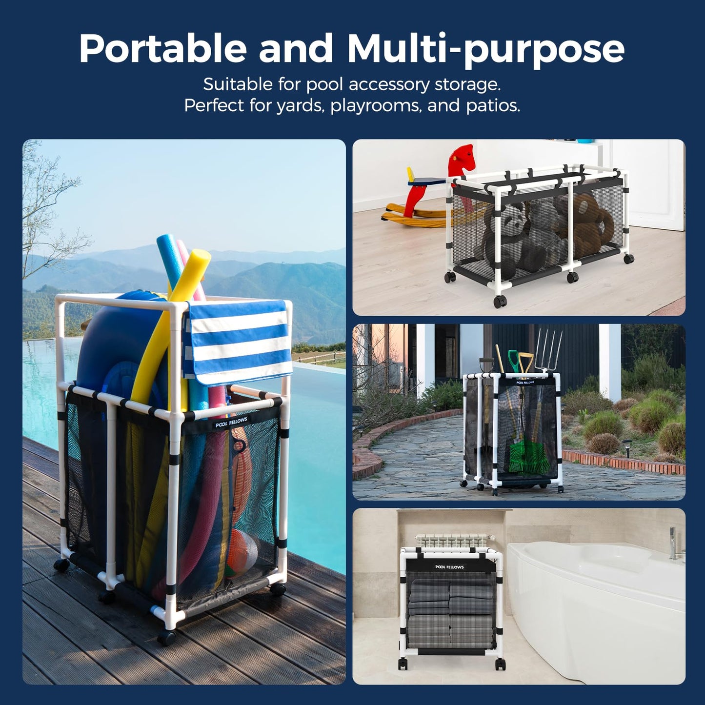 POOL FELLOWS Pool Storage Bin, 214 Gallons, Holder for Noodles, Toys, Floats, Towels, Large Mesh Organizer for Swimming Equipments, Max Style