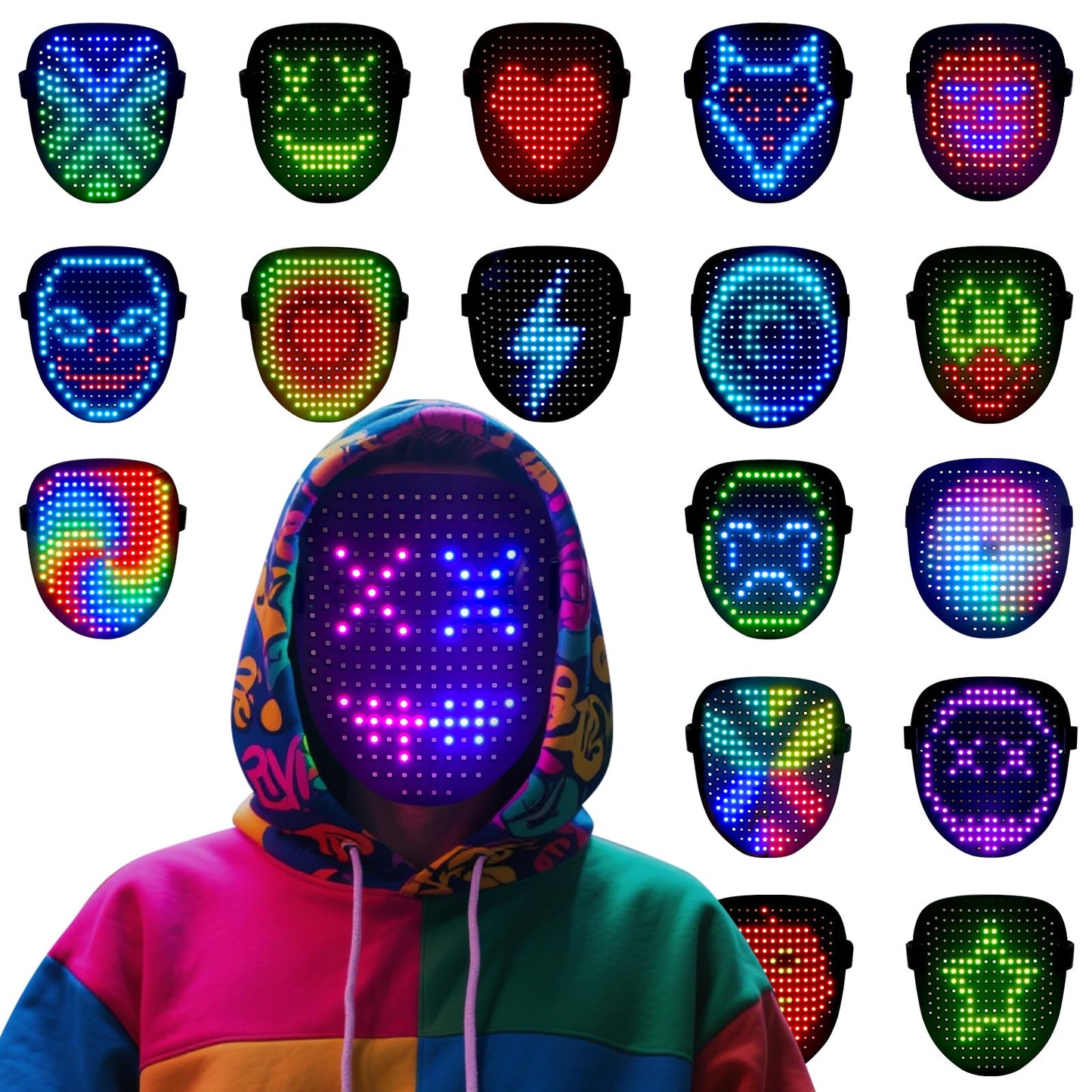 arscniek LED Face Mask with Gesture Control – Rechargeable Light Up Halloween Masks Costume for Adults & Kids, Glowing Transformable Cosplay Mask for Parties, Christmas, Concerts