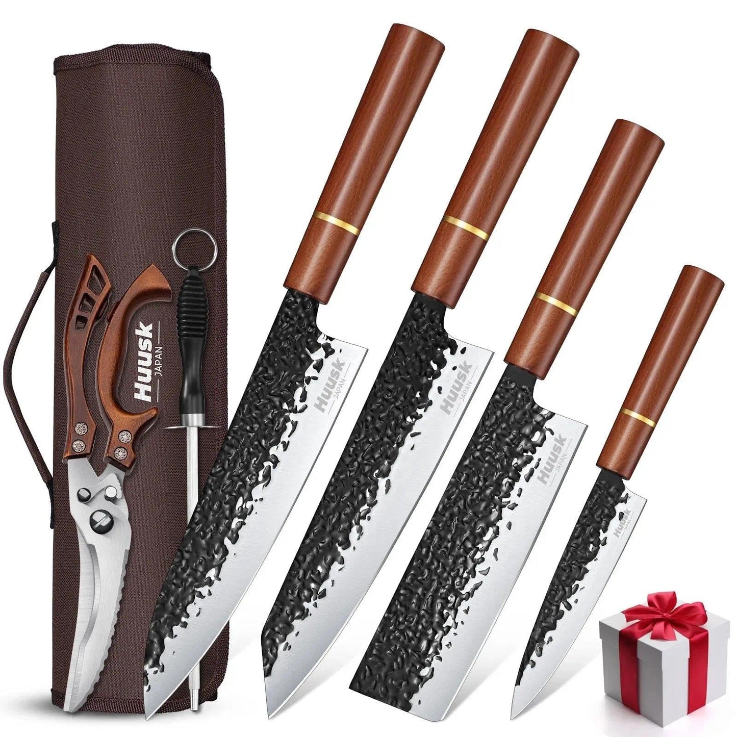 Huusk Japanese Knife Set 6pcs with Covers - Professional Chef Knife Set with Bag & Sharpener, High Carbon Steel Forged Knives Sets with Scissors, Japanese Kitchen Knives Sets, Christmas Gifts for Men