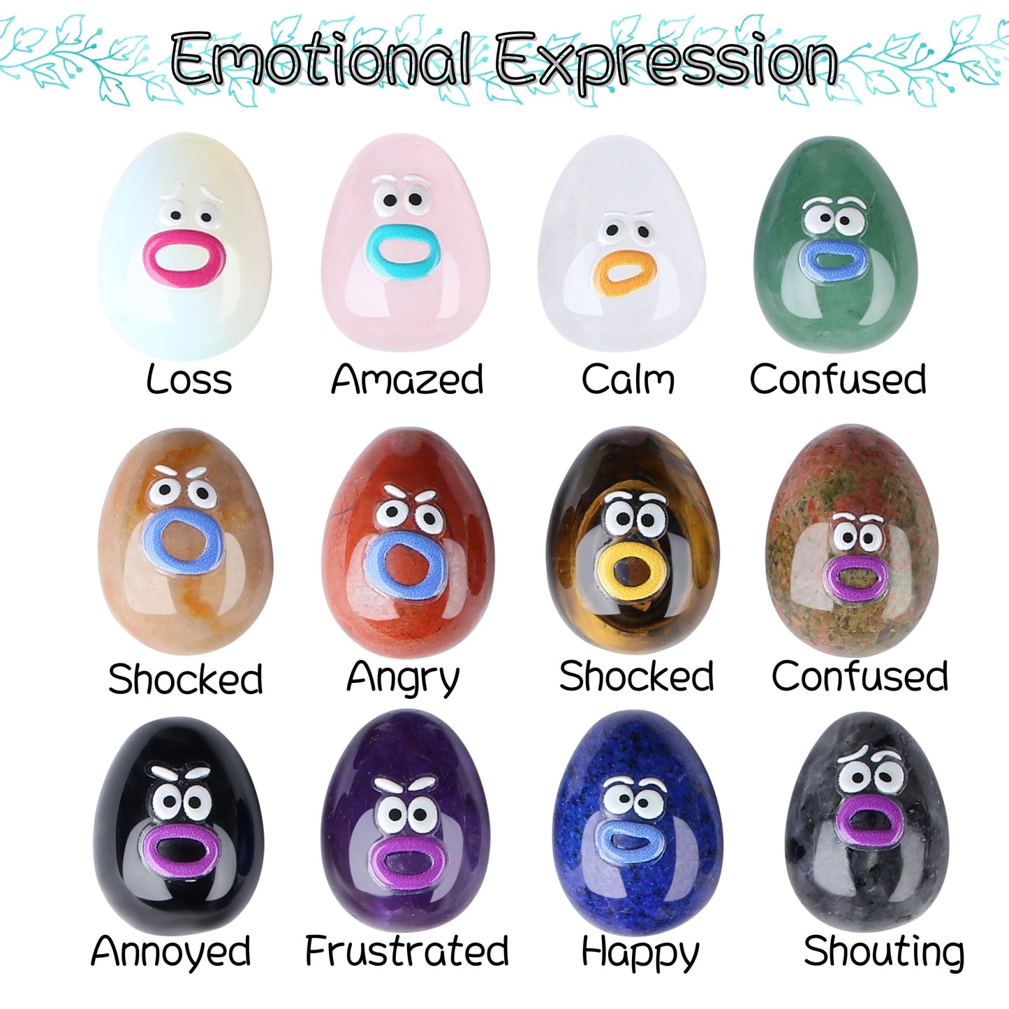 XIANNVXI Funny Emotion Polished Stone Gift 12pcs Cute Emoji Carving Egg Figurine Crystals Present Rock Natural Healing Crystals Stones Novel Mothers Day Graduation Birthday Gifts for Women Men