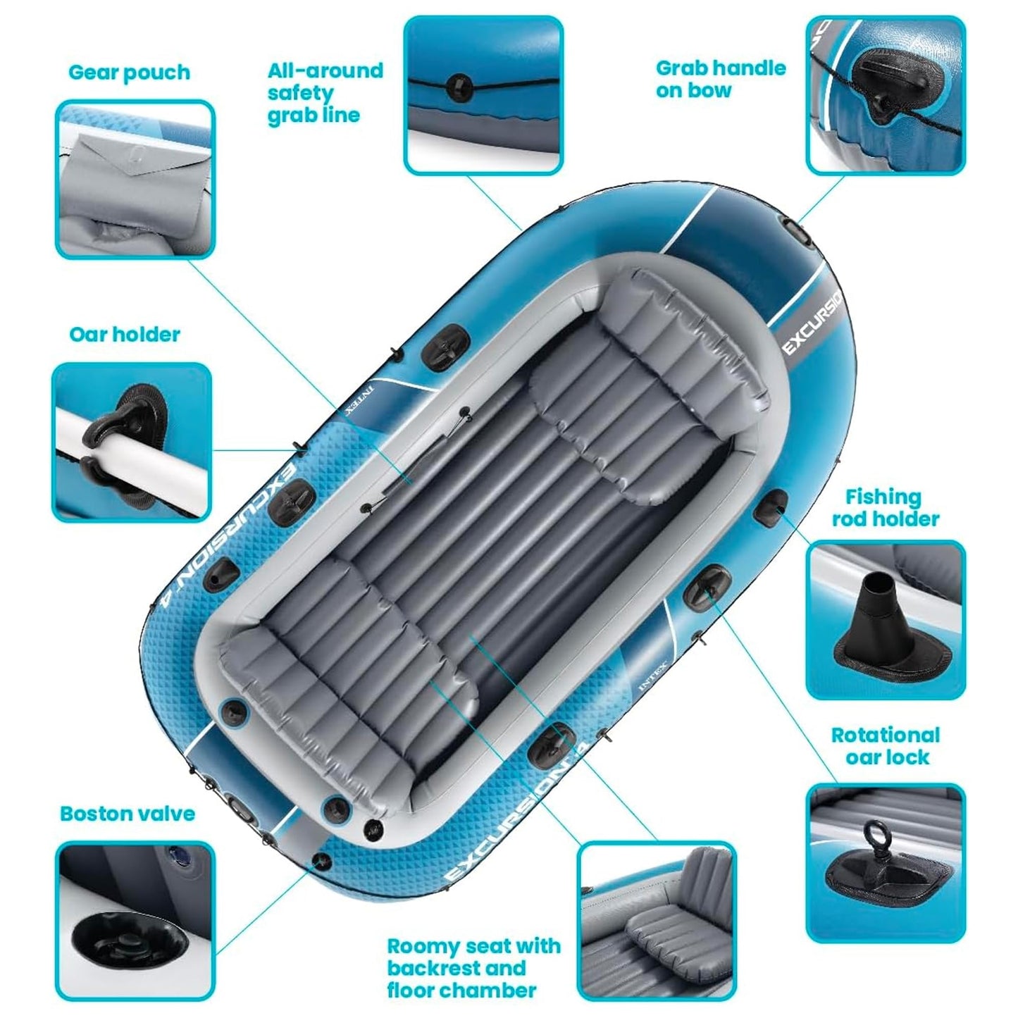 INTEX 66324EP Excursion 4 Inflatable Boat Set: Includes Deluxe 54in Aluminum Oars and High-Output Pump – Adjustable Seats with Backrest – Fishing Rod Holders – 4-Person – 1100lb Weight Capacity