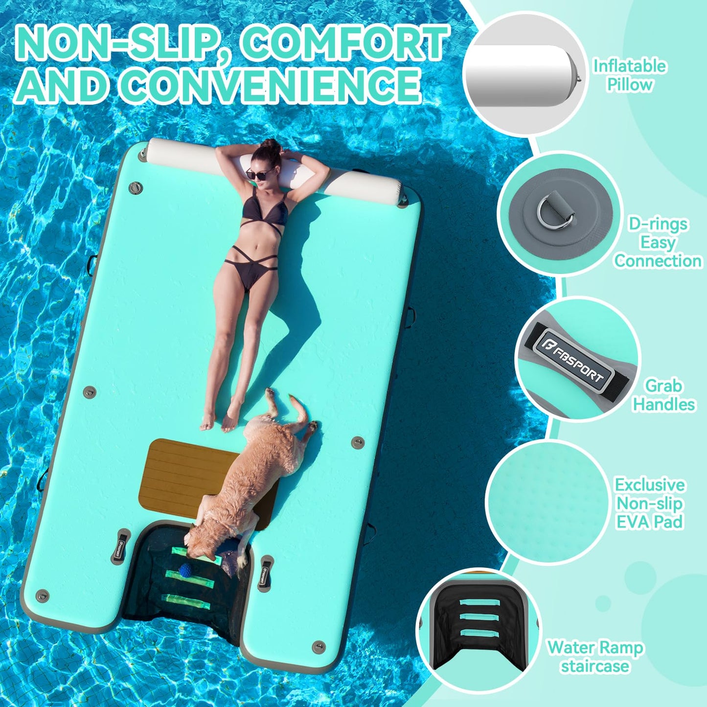 FBSPORT Inflatable Floating Dock with Boat Ramp,Non-Slip Air Dock Floating Platform with Mesh Lounger and Headrest,Inflatable Island Water Raft for Pool Lake Beach Ocean