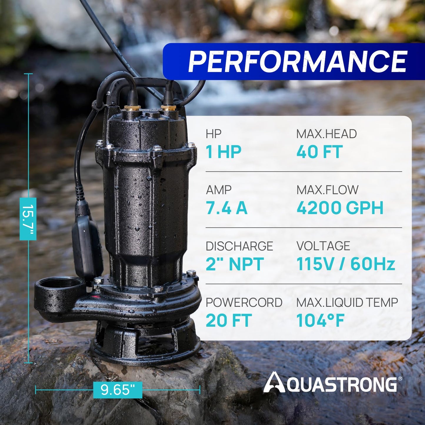 Aquastrong Sewage Grinder Pump, Cast Iron Effluent Pump, Auto Float Switch for Basement Sump Basin and Sewage Well