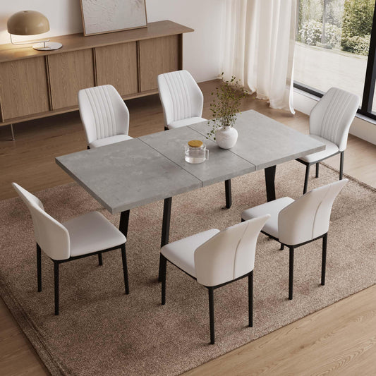 Zerifevni 47.2"- 62.9" Extendable Dining Table Set for 6, Modern Kitchen Table with 6 PU Leather Chairs, Thickened Expandable MDF Wooden Table with Metal Legs for Dining Room, Kitchen, Office