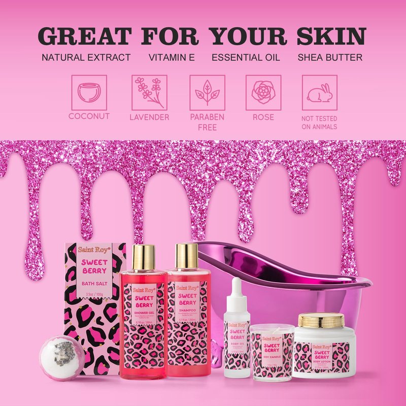 Home Spa Self Care, Bath and Body Spa Gift Basket for Women, Shower Bath Spa Sweet Berry Bath Sets for Teens Gift| Relaxing Care Kit Christmas Mothers Day Gifts for Mom Gift Baskets for Anniversary