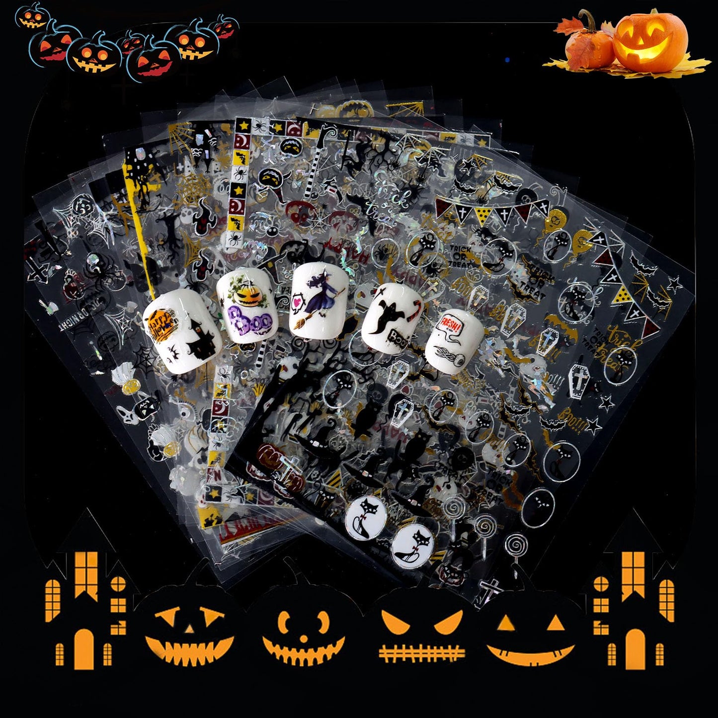 SIUSIO 15 Sheets Halloween Nail Art Stickers Cute Pumpkin Skull Ghost Party Theme 3D Self-Adhesive Horror Witchy Bat Poker Black Nail Decals Nail Supplies DIY Nail Stickers for Women Girls Kids Decor