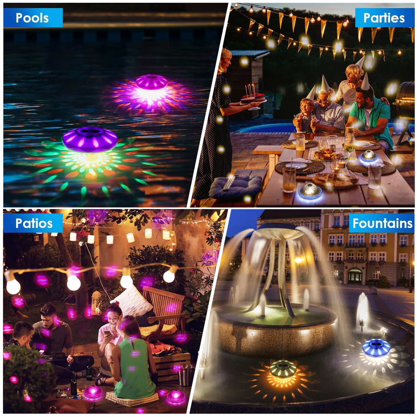 QOLNBY Floating Pool Lights(2 Pack), IP68 Waterproof Pool Lights, Rechargeable RGB Upper and Lower Color Changing Pool Lights with 6 Dynamic Lighting Effects, Floating Light for Pond Gardens,Party