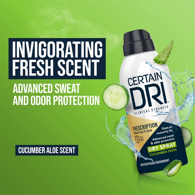Certain Dri Prescription-Strength Clinical Antiperspirant Dry Spray - 72-Hr Sweat & Odor Protection for Excessive Sweating & Hyperhidrosis - Cucumber Fresh Scent for Men & Women - 4.2 oz