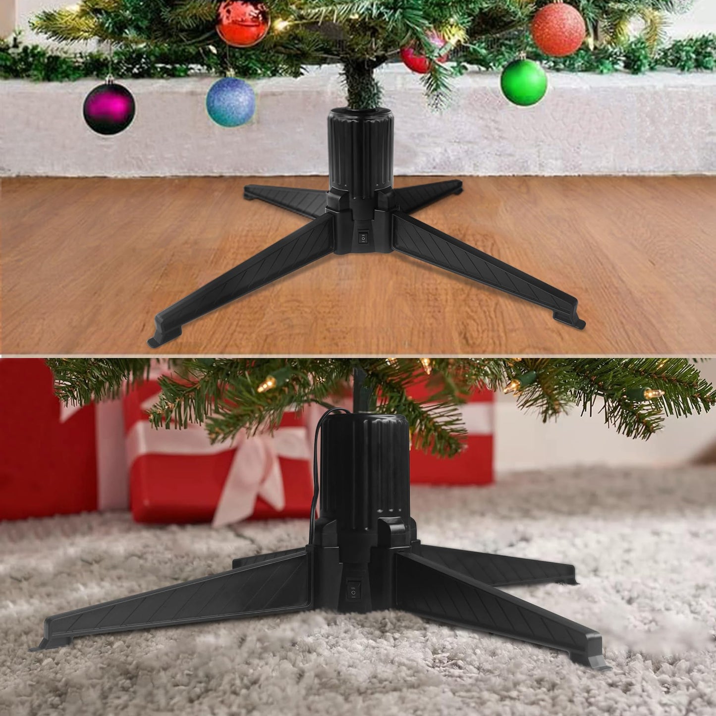 Stright 360 Degree Rotating Christmas Tree Stand, Revolving Artificial Tree Base for Tree Up to 7.5FT, Spinning Christmas Tree Stand with 2 Settings Trunk Diameter and One Built-in Electrical Outlet