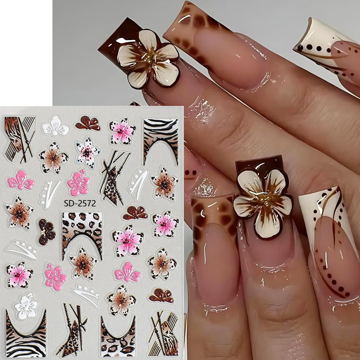 French Leopard Print Flower Nail Art Stickers 3 Sheets 5D Embossed Orchid Lily Cherry Blossom Floral Wild Leopard Print Press On Nails Decals Nail Charms Japanese Style Decorations Nail Stuff