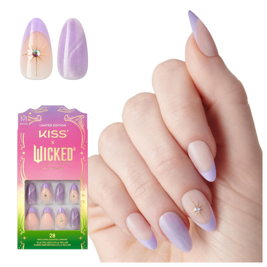 KISS X WICKED: FOR GOOD Press On Nails Almond, ‘Find Your Courage’, Purple, Medium, Waterproof, Chip Proof, Smudge Proof, 28 Fake Nails, Pink Gel Nail Glue (2g), Mini Nail File, & Manicure Stick