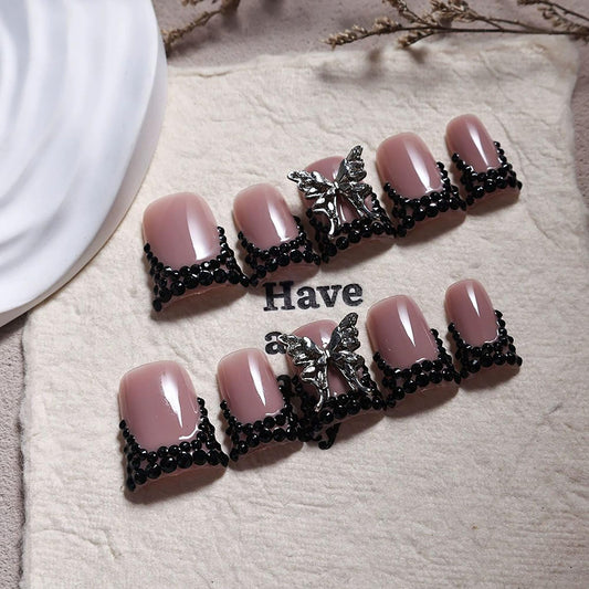 Qicaijia 10Pcs Handmade Press on Nails Medium Fake Nails Duck French Tip Nails Press Ons Sparkly Artificial Acrylic Black Rhinestone and Butterfly Design Reusable Stick on Nail for Women (Size M)