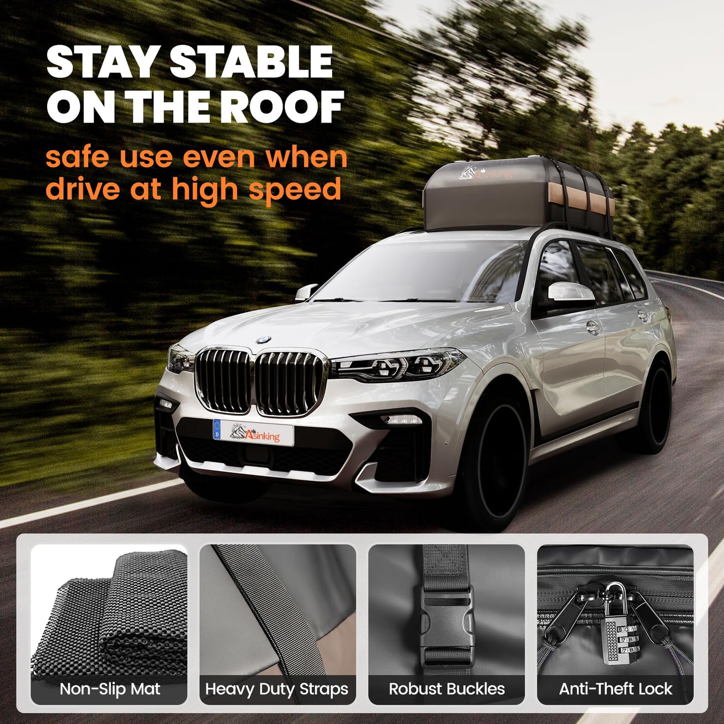 Asinking Car Rooftop Cargo Carrier Bag, 21 Cubic Feet Waterproof Roof Cargo Bag for SUV Minivan, Fit Vehicles with/Without Roof Rack, Sidebars & Crossbars - Max Size 52" L 40" Wx 18" H