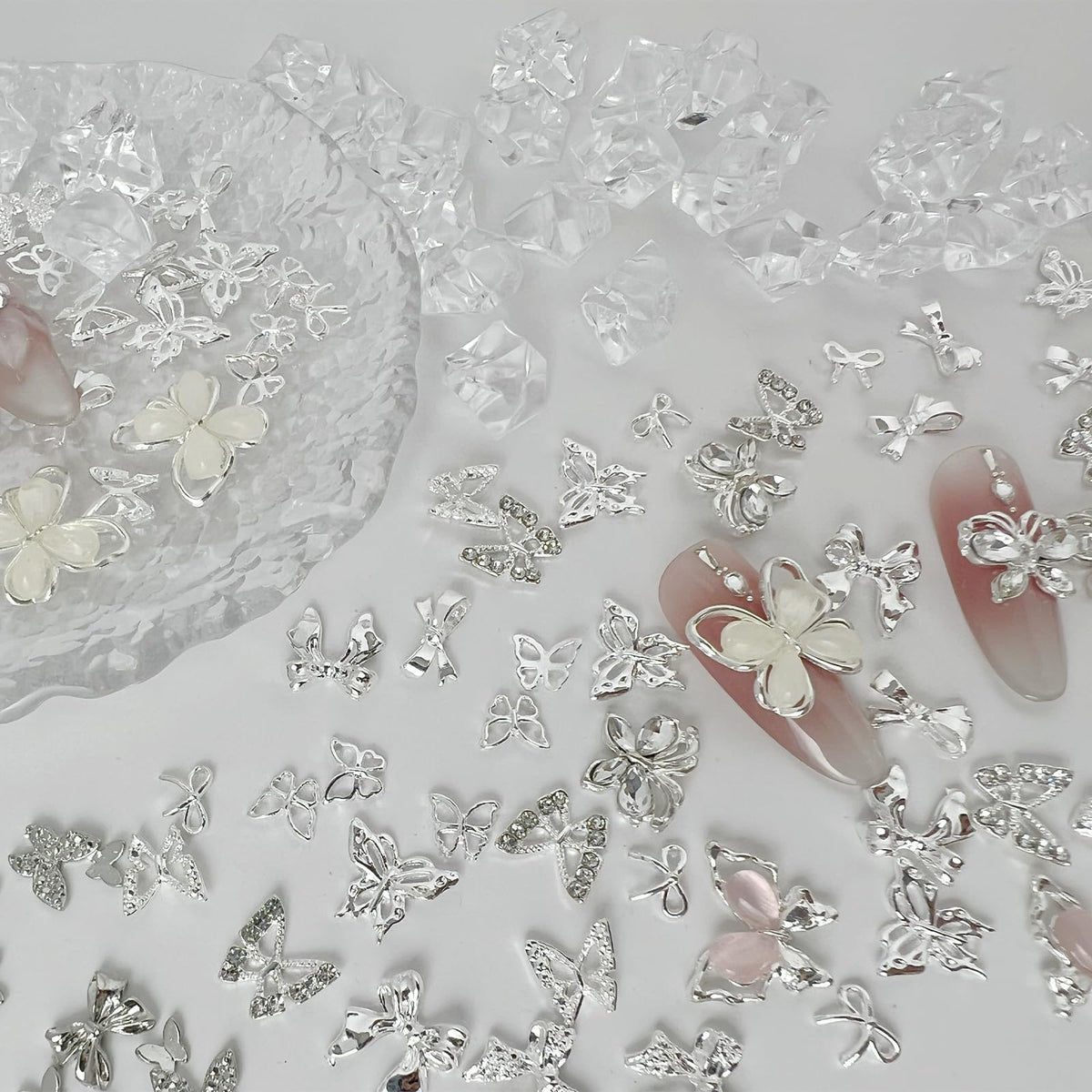 115 Pcs 3D Butterfly Bow Nail Charms Kit, Metal Rhinestone Jewelry, Y2K Coquette Sparkly Alloy Accessories for Acrylic Gel Art Design