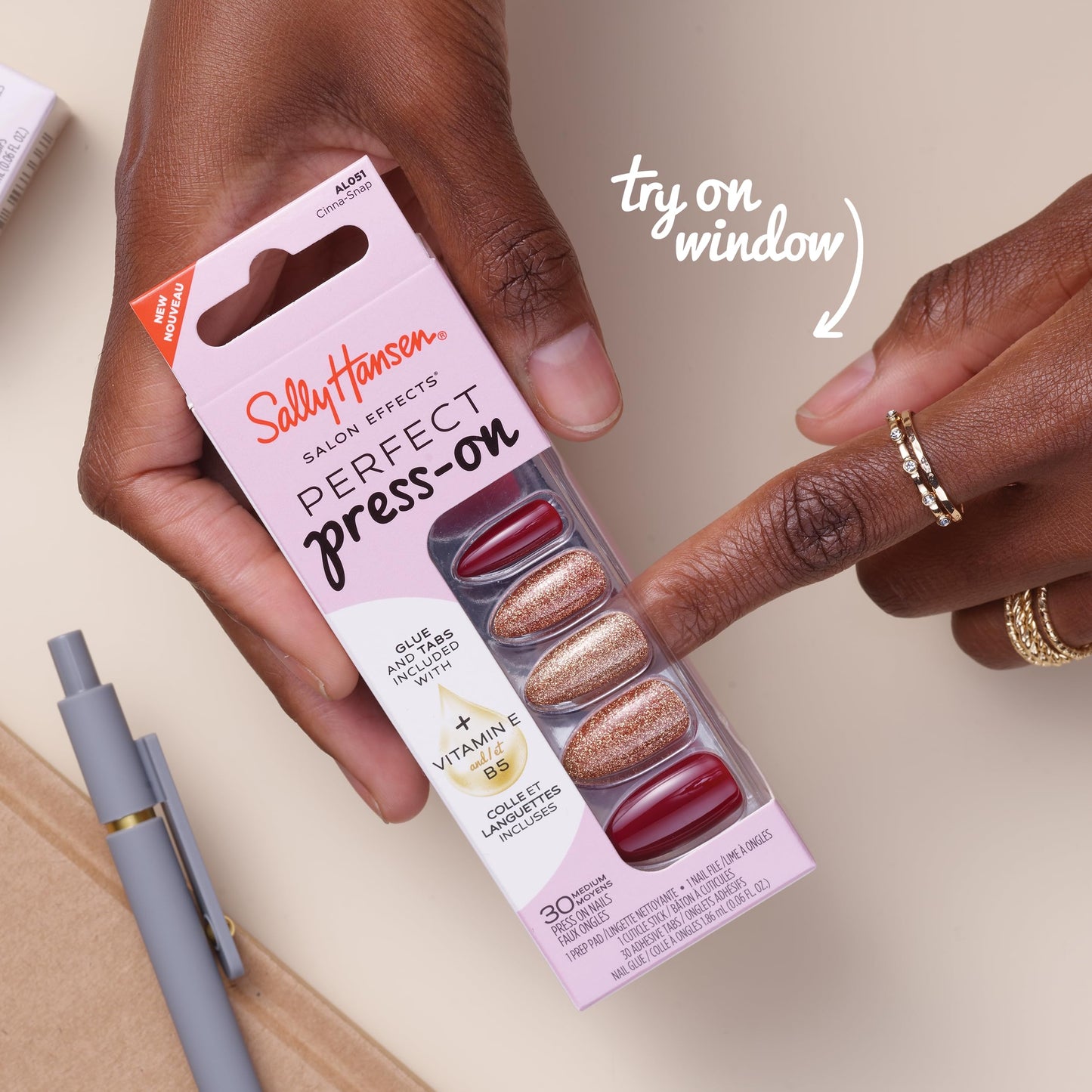 Sally Hansen Salon Effects Perfect Press-On Nails | Square Shape | Easy to Apply, Non-Damaging | 30 Nails, Nail Glue, Adhesive Tabs, File | Infra-Red