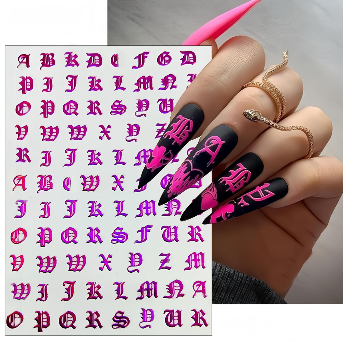 8 Sheets Old English Nail Art Stickers Decals Black and White Letters Characters Nail Decals Laser Glitter Gold Alphabet Nail Art Design Letter Words Nail Stickers for Women Girls Nail Decoration
