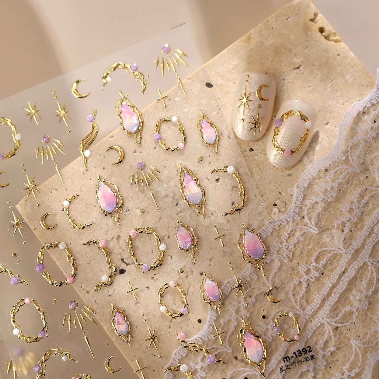 5D Embossed Gold Nail Stickers for Nail Art Moon Star Nail Art Stickers with Pearl Design Pink Gemstone Nail Decals Moon Nail Design Supplies for Women Girls
