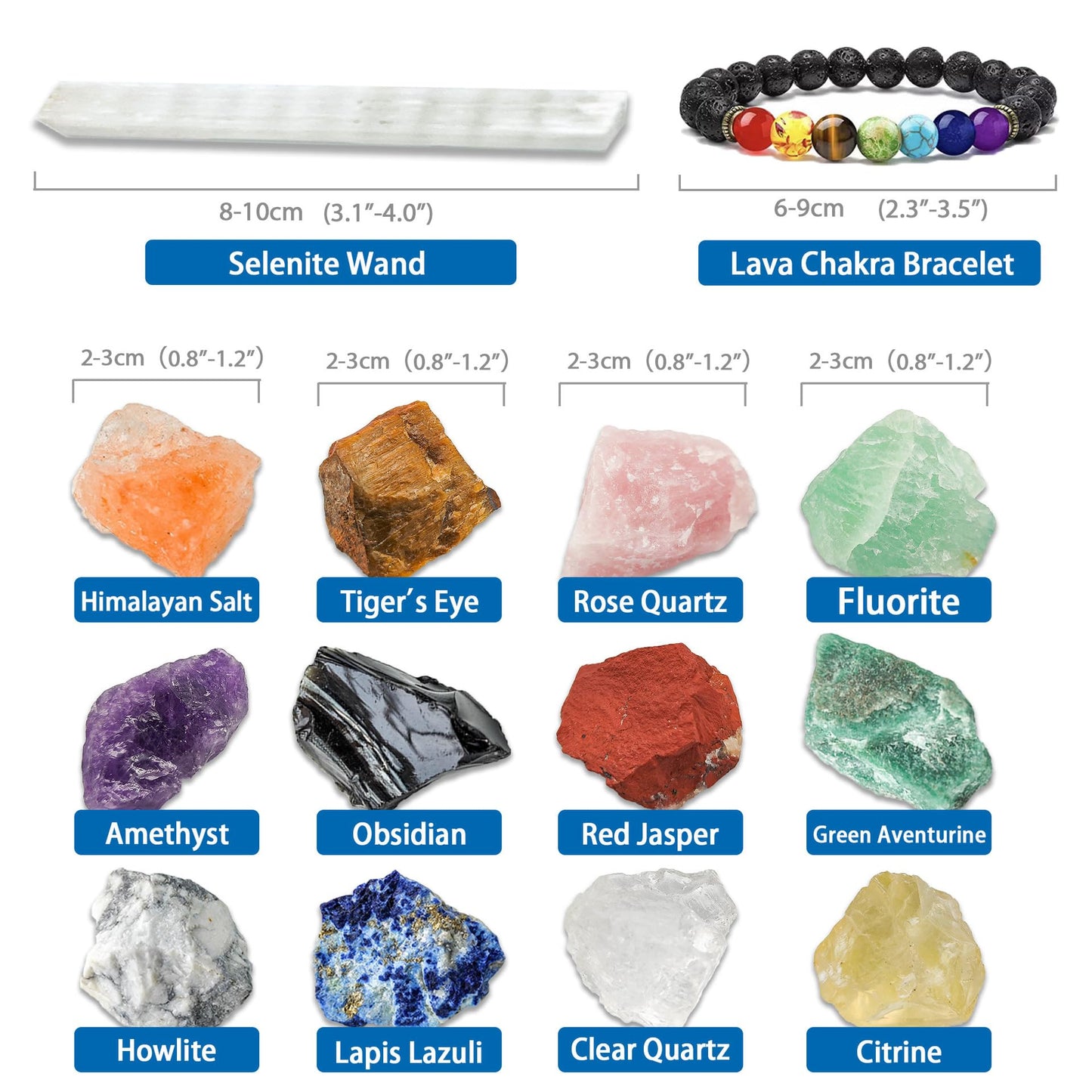 Healing Crystals Set – 12 Raw Chakra Stones & Selenite Stick&Obsidian bracelet | Unpolished Natural Crystals for Energy Balance, Meditation, Yoga, Reiki | Includes Wooden Box, Spiritual Gifts