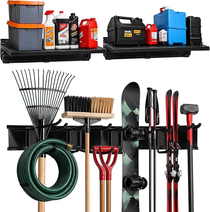 TIDYME Heavy-Duty Garage Wall Storage System | Wall Mounted Tool Organizer Rack with Shelving | 10-Piece Mounting Kit | Includes 4x10â Double-Layered Hooks & 2x16.5â Floating Utility Shelves