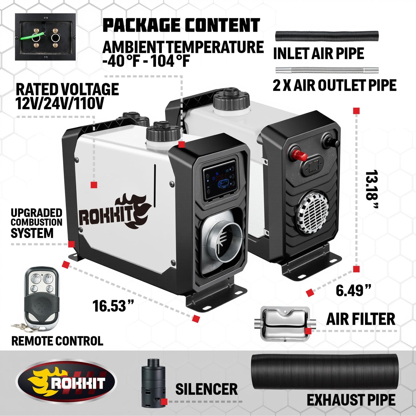 ROKKIT Portable Diesel Air Heater, 8KW, 110V/12V, LCD Monitor & Remote Control, Low Noise, Ideal for Tent, Car, RV, Camper