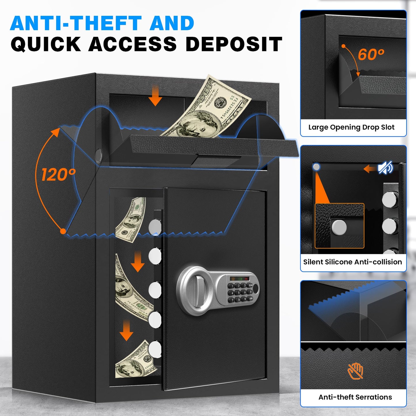 TOTOY 5.0 Cu Ft Fireproof Biometric Deposit Drop Safe- Steel Drop Slot Lock Box, Fingerprint & Digital Keypad Key Lock, External Type-C Backup, Business Safety Box for Cash Money Security