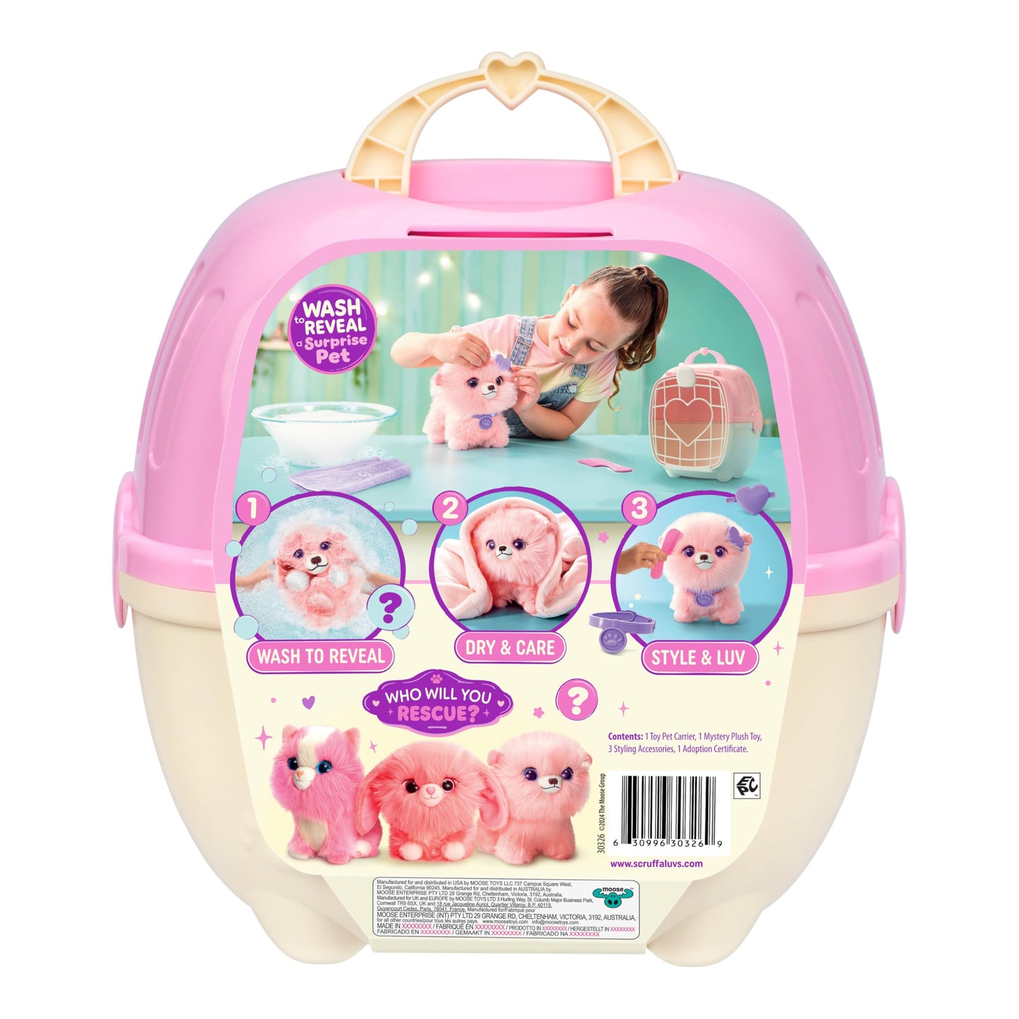 SCRUFFALUVS Pink Surprise Pet, Mystery Plush Toys, Stuffed Animals, Wash to Reveal 1 of 3 Rescue Surprise Toy Pets: Puppy, Bunny, or Kitty - Includes 8.7" Deluxe Carrier - Styles May Vary