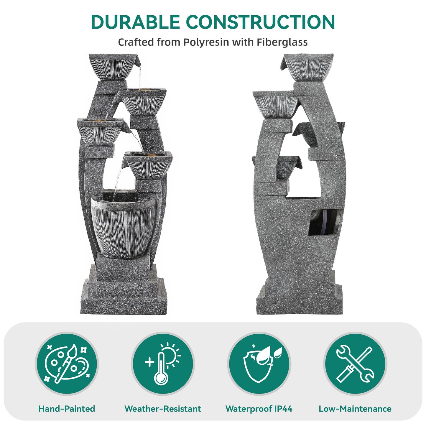 Ultym 40.5" Outdoor Fountain, Four-Column & Bowls Water Feature with LED Lights, Modern Resin Soothing Cascading Waterfall for Patio, Backyard, Garden or Porch