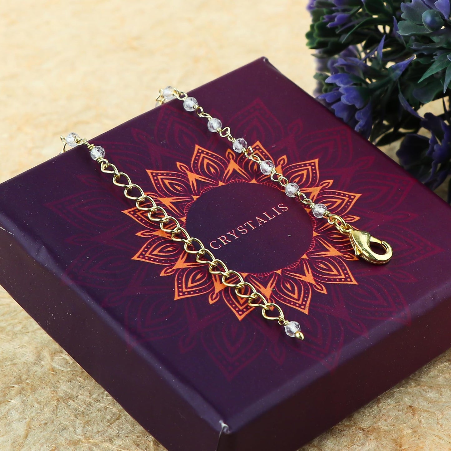 JOR Natural White Topaz Beaded Rosary Anklet, Handmade Craft, Anklet Beads Bracelet, Chakra Healing Anklet, Gemstone Women Jewelry, Dainty Gold Plated Anklet 9 inch + 2 inch (1pcs)
