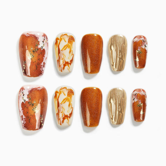 Sun&Beam Nails Handmade Press-on Short Coffin Ballerina Brown Gold White Amber Gradients Design False Nail Tips 10 Pcs (#134 M)