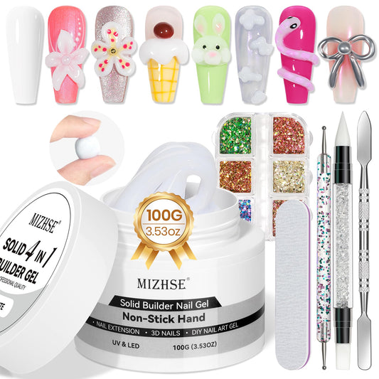 MIZHSE 100g Milky White Solid Builder Gel for Nails, Large Capacity Hard Builder Gels Kit for Nails Sculpting for 3D Art Gel U V LED with 36pcs Dual Form, for Nail Salon Home DIY