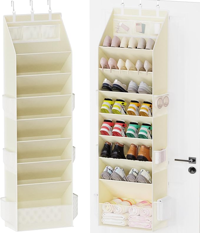 Criusia Shoe Storage, Over the Door Shoe Organizer, Hanging Closet Shoe Storage with Large Deep Pockets, Fits 16â24 Pairs of Sneakers, Sandals, Boots, Beige