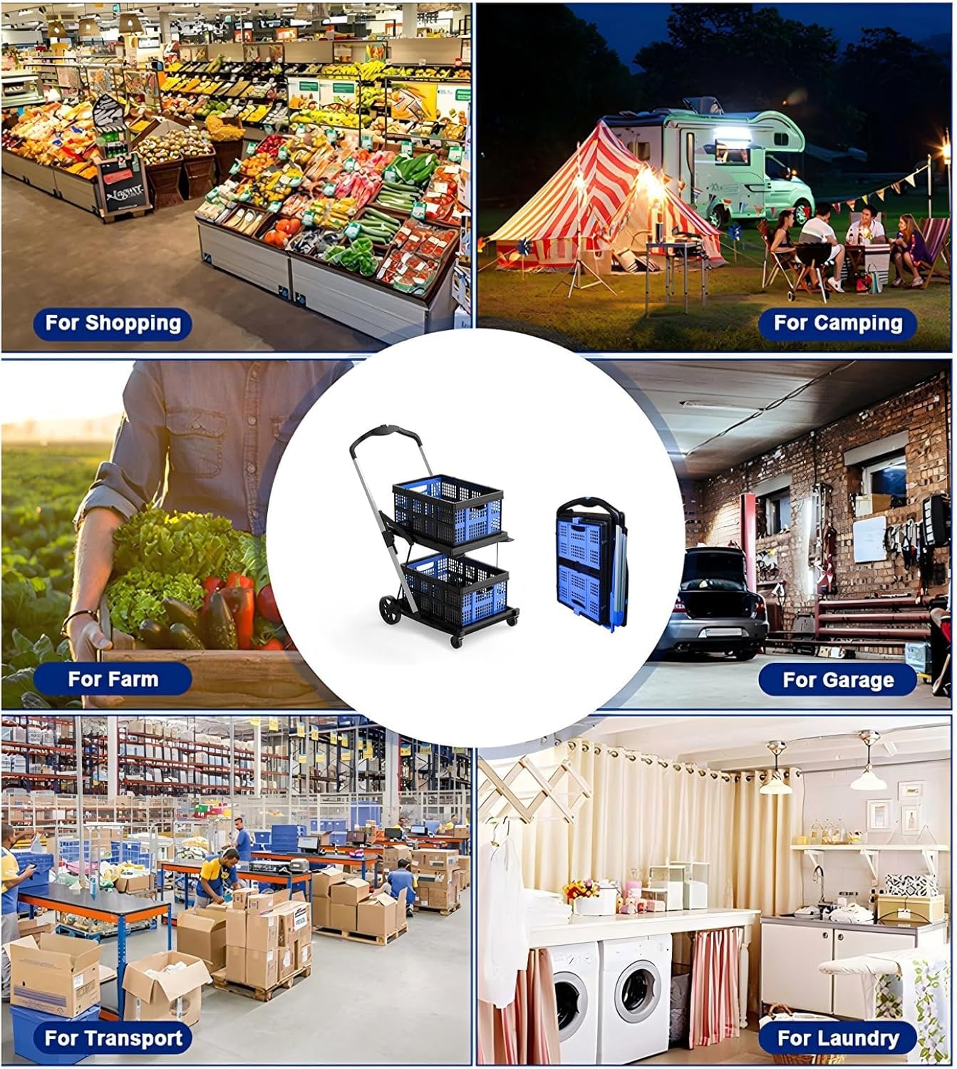 Shopping Cart with 2 Storage Crates, Multi Use Functional Collapsible Carts with 360° Rolling Swivel Wheels Heavy Duty Folding Trolley for Shopping, Picnic and Office