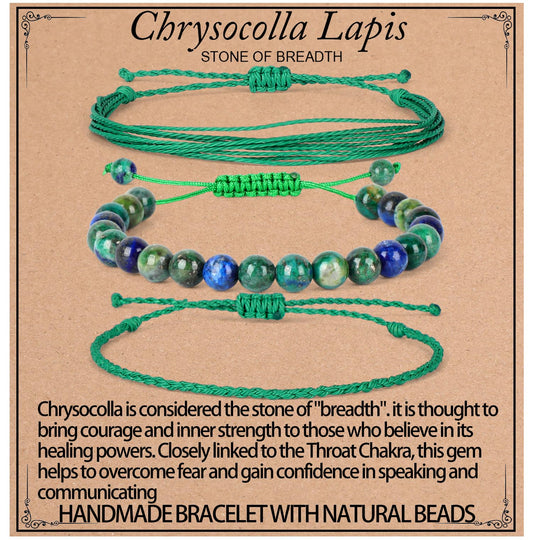 QOGIR Handmade Healing Stones Bracelets,8mm Natural Chrysocolla Lapis Beaded Bracelets for Men Women Gifts with 2PCS Size Adjustable Rope Bracelets