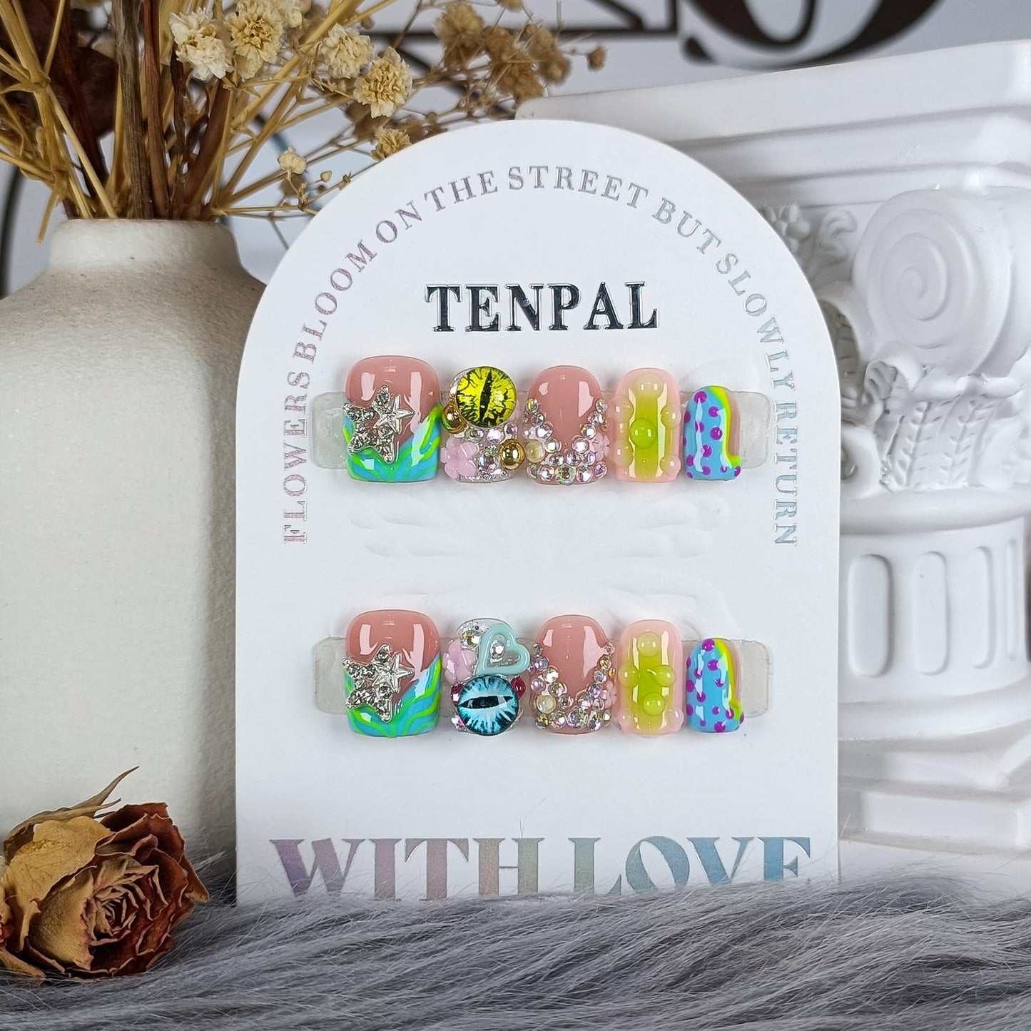 TENPAL V-Shape French Tips Square Nails,Acrylic Press on Nails with 10pcs Kit,Sweet Edgy Y2K Hand-Painted Art False Nails,Neon Yellow-Green Fake Nails with 3D Stars, Hearts, Rhinestones Flowers(M)