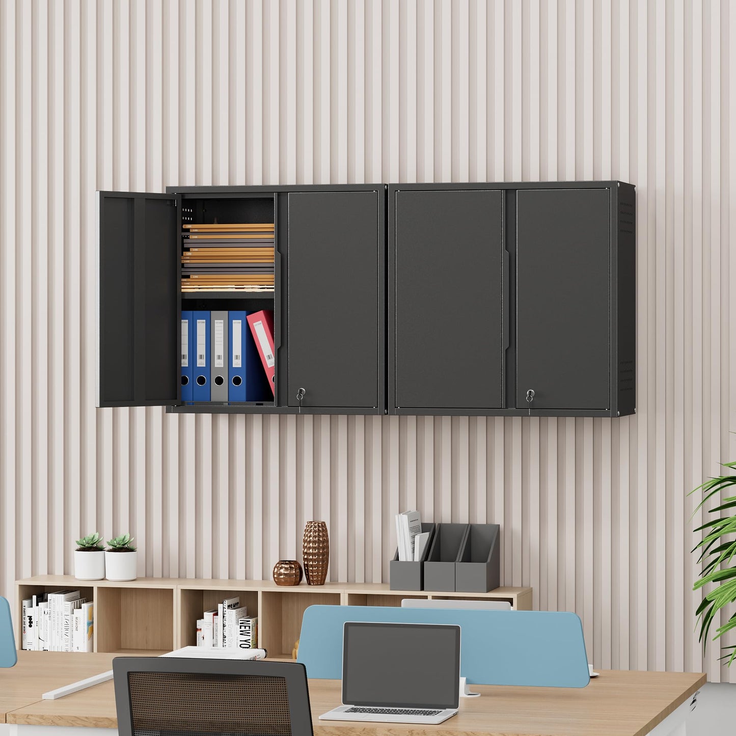 Garage Wall Cabinet, Metal Garage Cabinets with 2 Doors and Adjustable Shelf, Lockable Floating Tool Cabinet with Pegboard, Black Steel Wall Mounted Tool Cabinets for Kitchen,Office,Laundry,Warehouse