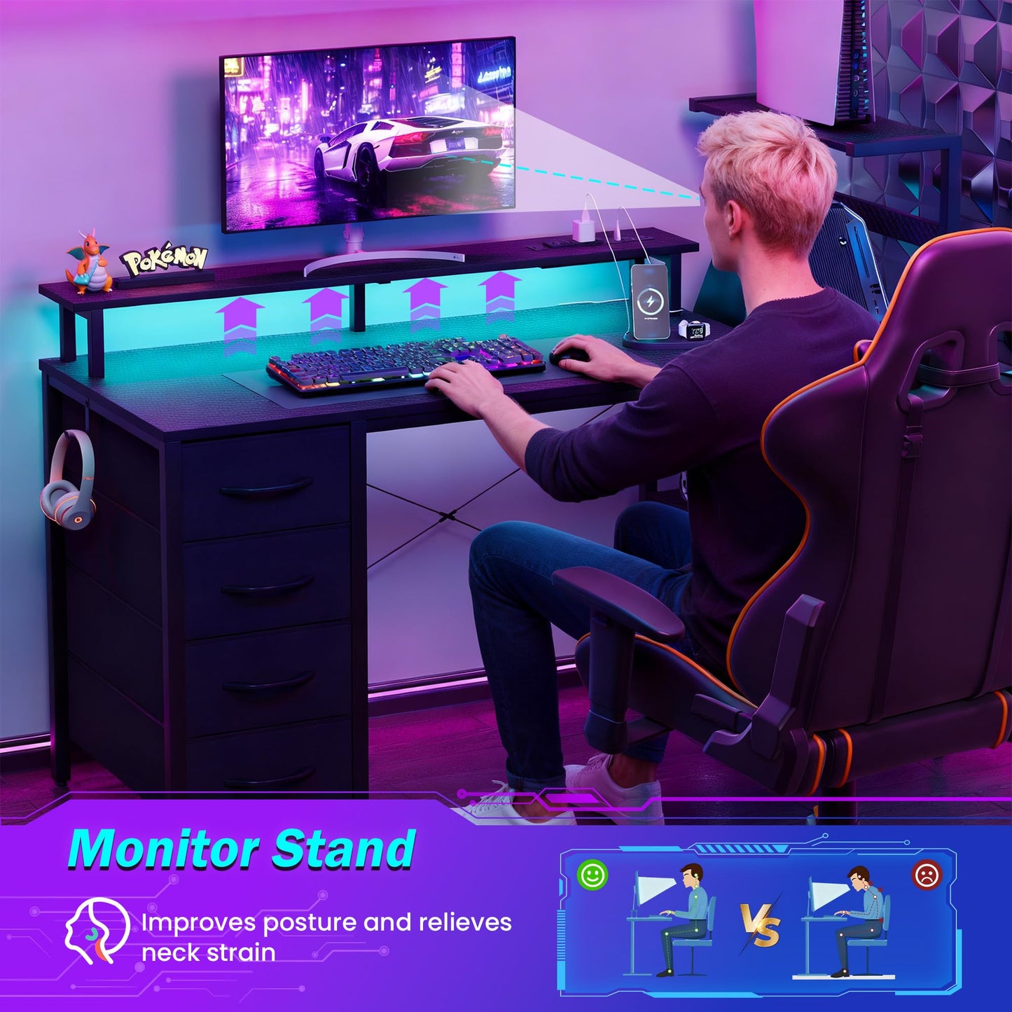 51 Inch Gaming Desk with LED Lights and Power Outlets, Computer Desk with Storage Shelves, Fabric Drawers, Monitor Stand & Side Hook, Reversible Gamer Table for Home Office, Carbon Fiber Black