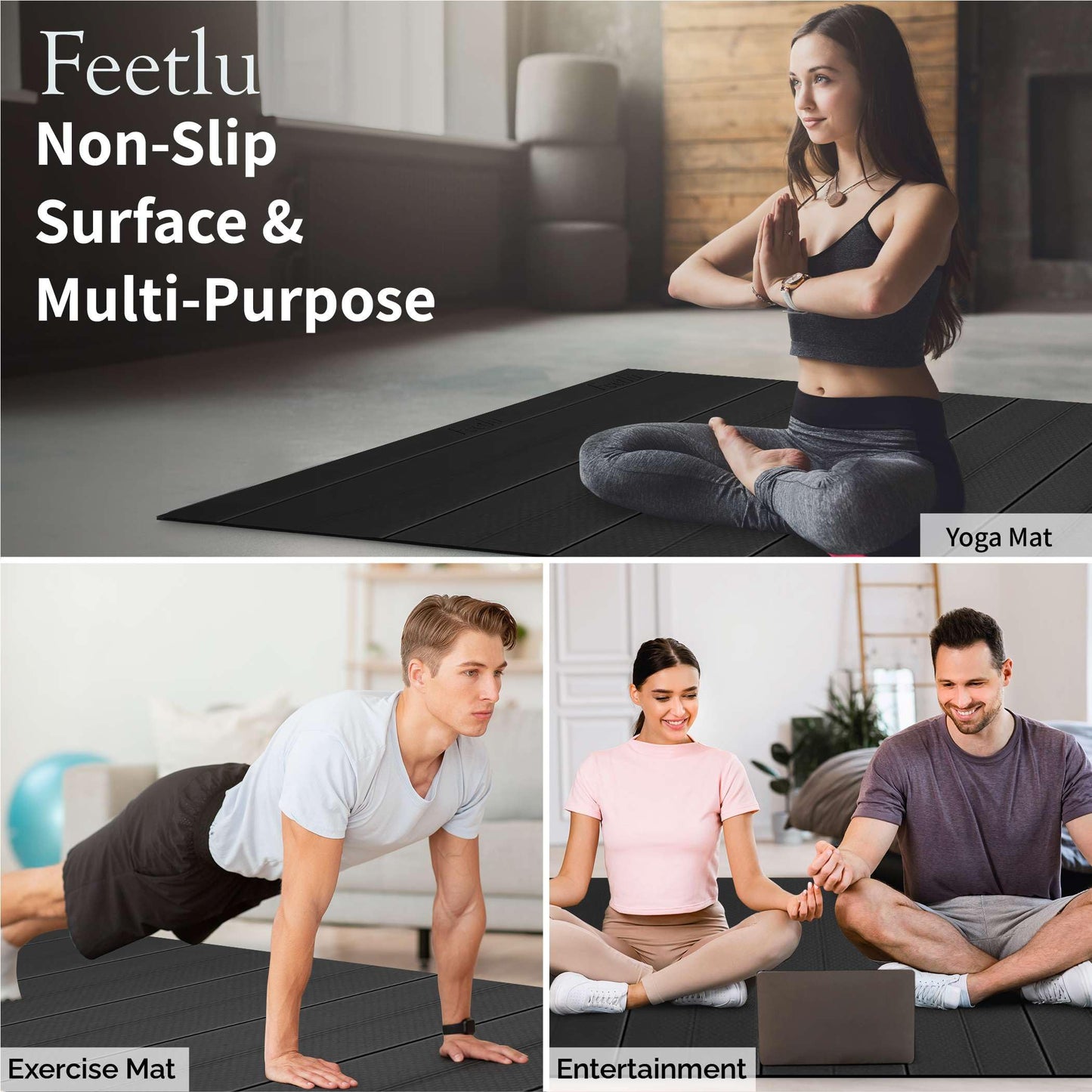 Feetlu Foldable Large Yoga Mat: Extra 1/3 Inch Thick Workout Mat for Home Gym and Travel - Anti-Slip Folding Exercise Mat for Yoga, Pilates, and More
