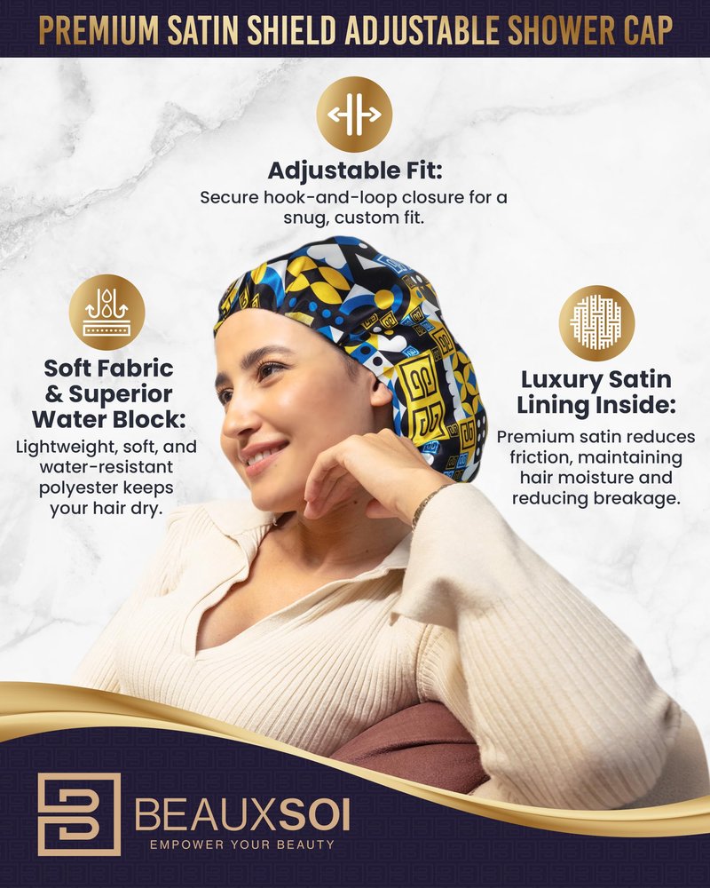 Luxury Reusable Waterproof Shower Cap for Women - Satin Lined, Adjustable - Keeps Hair Dry, Durable Hair Bonnet by BEAUXSOI (African Majesty)