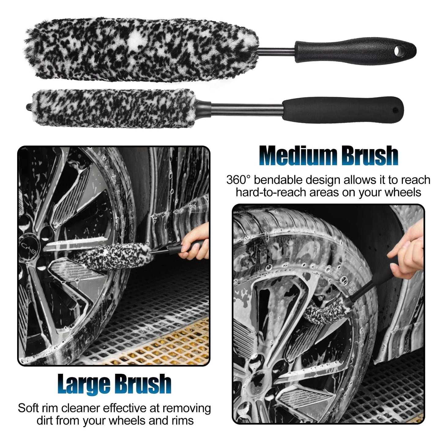 8Pcs Wheel Brush, Tire Brush, Wheel Cleaner Brush Set - 2 Soft Wheel Cleaning Brushes, Detailing Brush & Hard Tire Scrubber, Flexible and Durable Rim Cleaning Brush Kit for Wheels and Tires