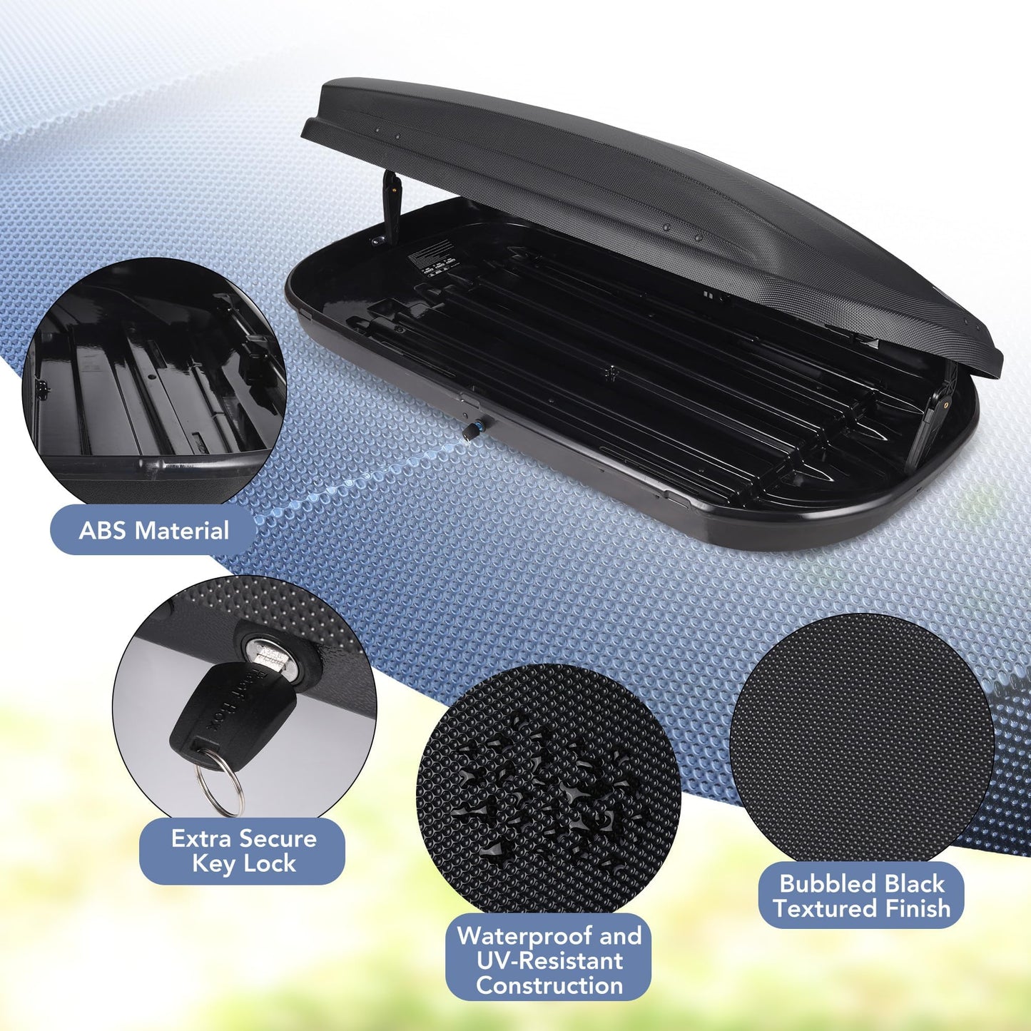 Hard Shell Rooftop Cargo Carrier with 14 cu ft Capacity, Weather-Resistant roof Cargo Box for car top Carrier, Features Dual-Side Access, Secure Straps, and Keys for Safe Storage.