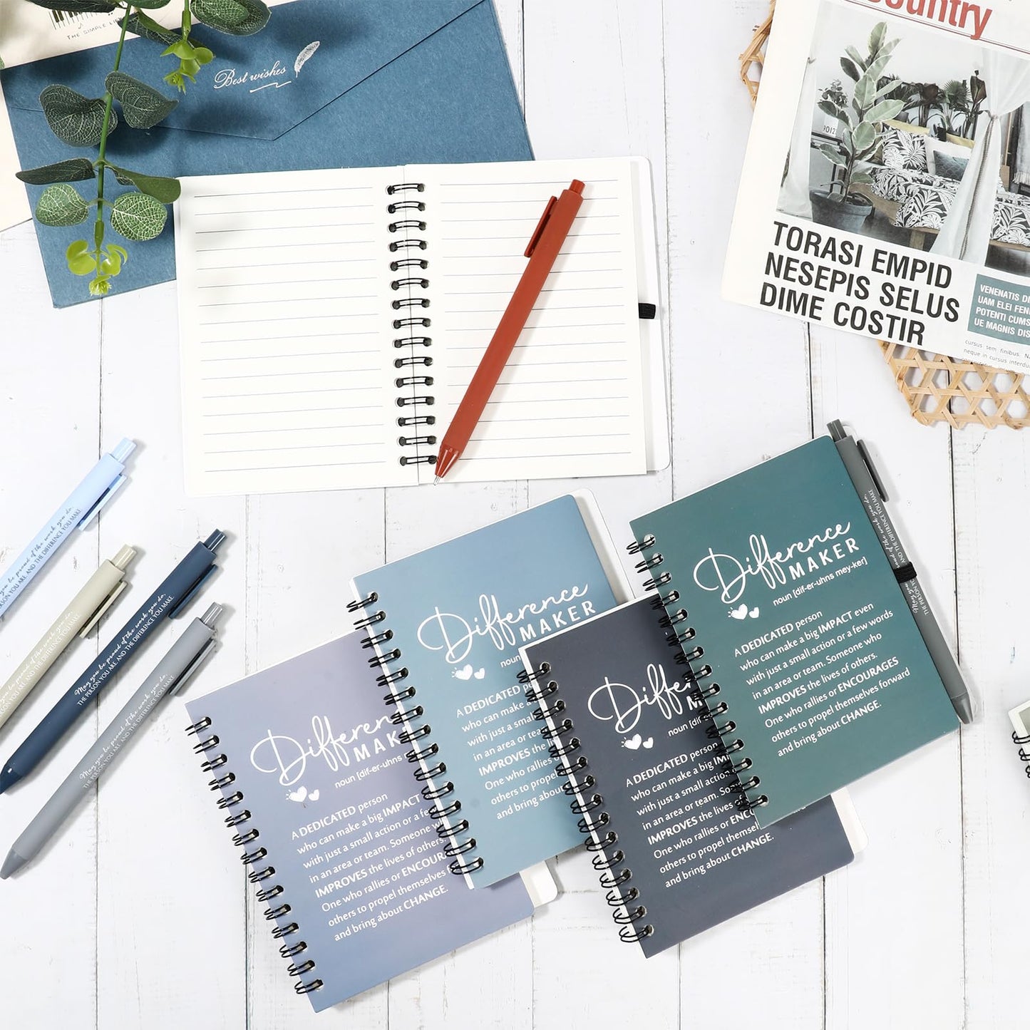 Resurhang 20 Sets Difference Maker Employee Appreciation Gifts Bulk Inspirational A6 Spiral Notebooks Journal with Ballpoint Pens for Social Worker Volunteer Coworker Staff Team Gifts (Neutral Colors)