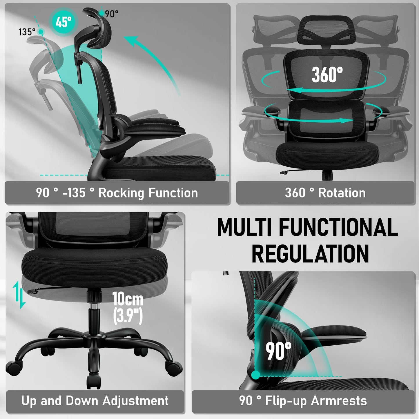 BESTFAIR High Back Ergonomic Office Chair, Breathable Mesh Desk Chair with Lumbar Support, Adjustable Headrest, Flip-up Armrests, Computer Gaming Chair, (Black, 1Pack)