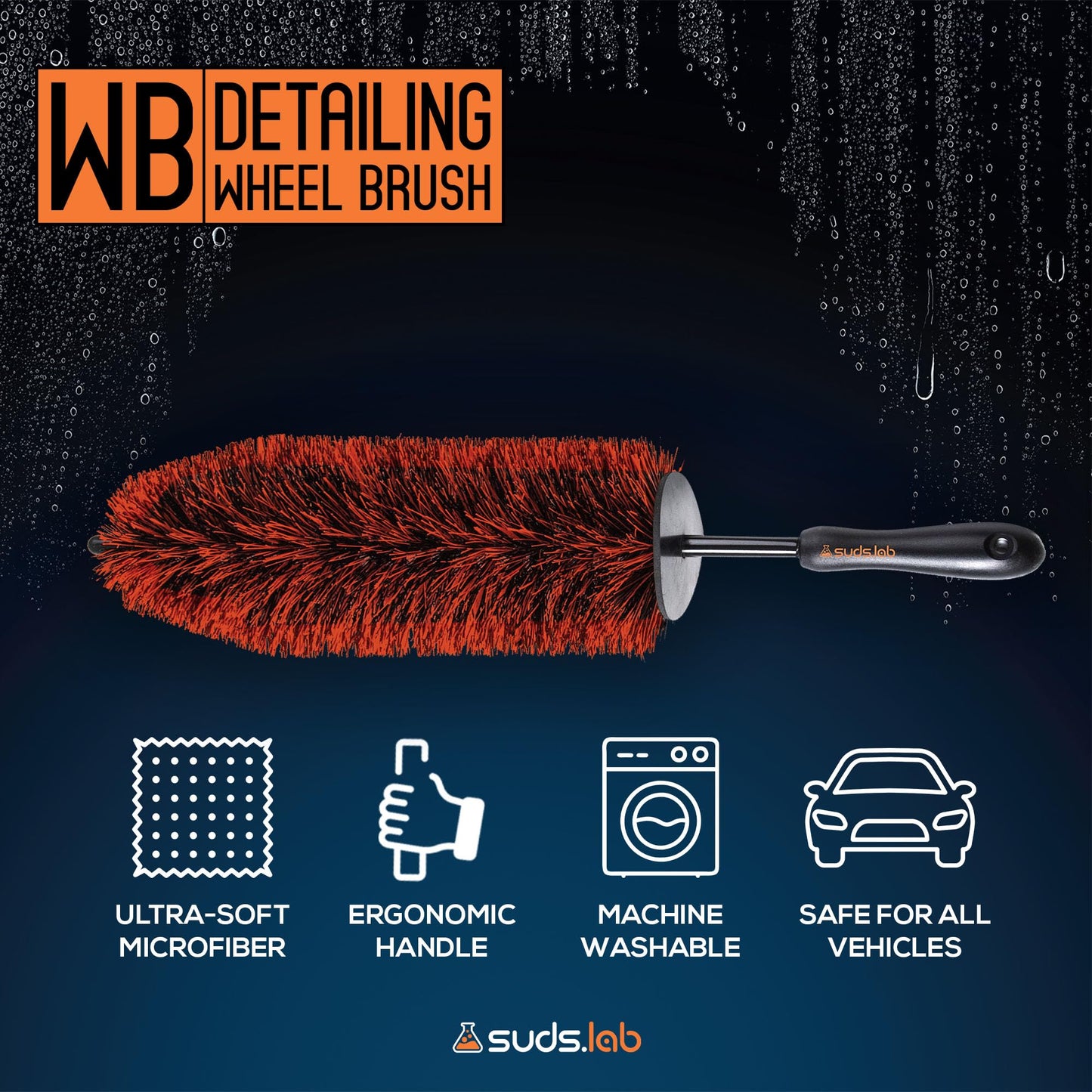 Suds Lab WB Premium Detailing Wheel Brush for All Vehicle Types – 17.7" Ultra-Soft and Scratch-Free Reusable Rim, Wheel, and Tire Brush for Deep Cleaning