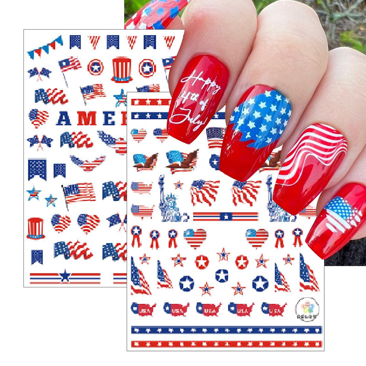 8 Sheets July 4th Nail Art Stickers Independence Day American Flag 3D Self-Adhesive Patriotic Eagle Star Memorial Day Nail Supplies Women DIY Nail Decorations