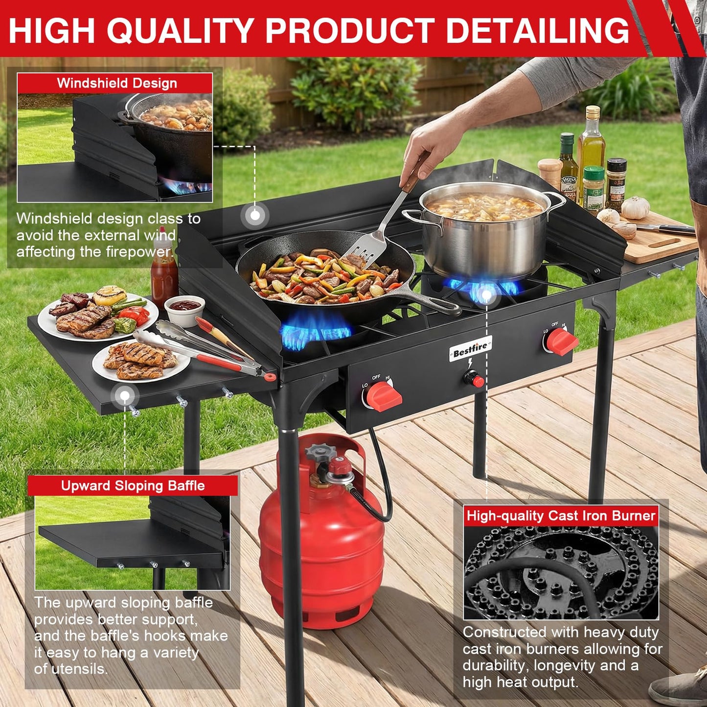 Bestfire 2 Burner Camping Stove with Windscreen& Side Shelves, Bag, Auto Ignition Button,Regulator,150,000 BTU High Pressure Camping Stove Propane Burner With Removable Legs for Outdoor BBQ&Backyard